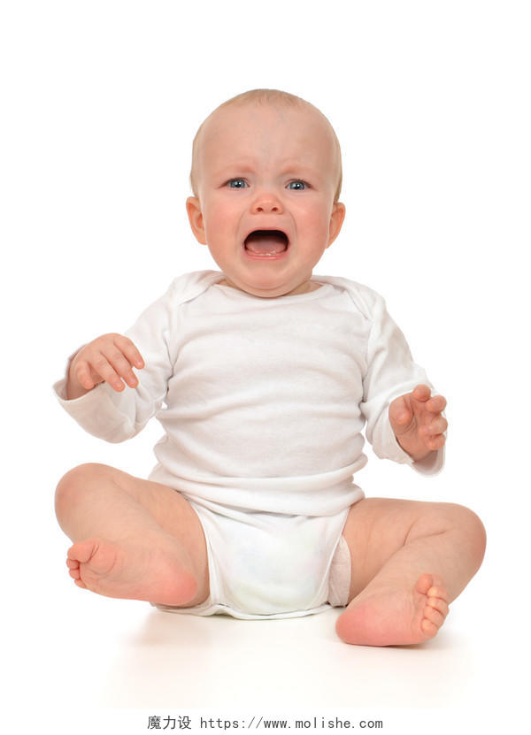 小婴儿的女孩孩子难过的哭上一个白色的背景烦躁恼火烦躁